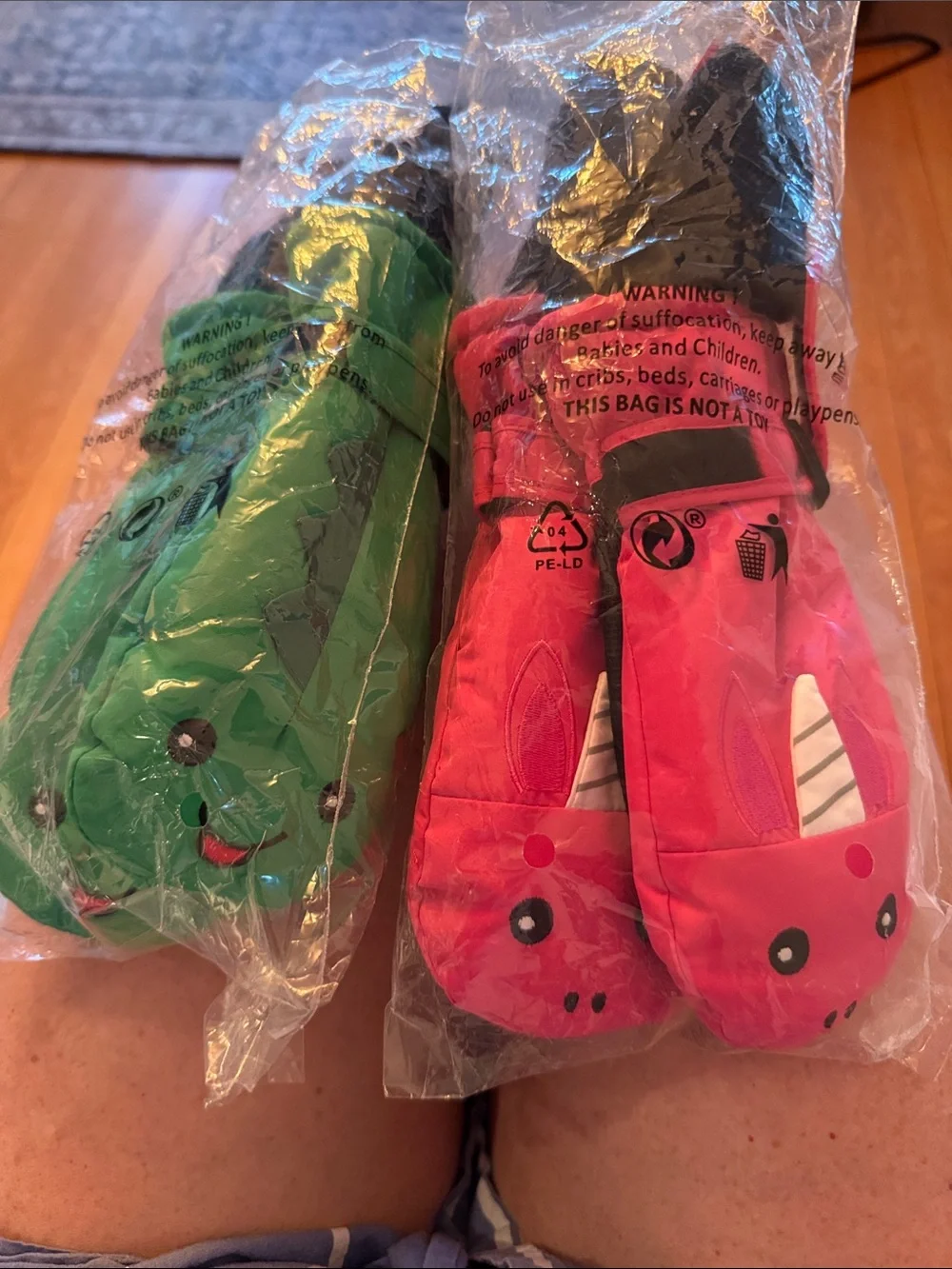 Kids Cartoon Dinosaur Mittens - Pink and Green